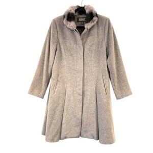 Badgley Mischka Gray Wool Blend Flare Coat Rabbit Fur Collar Size L